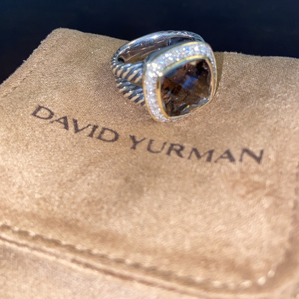 David Yurman Smoky Quartz Albion Ring Diamonds Silver 18K Yellow Gold 11MM sz 6 - Picture 2 of 9